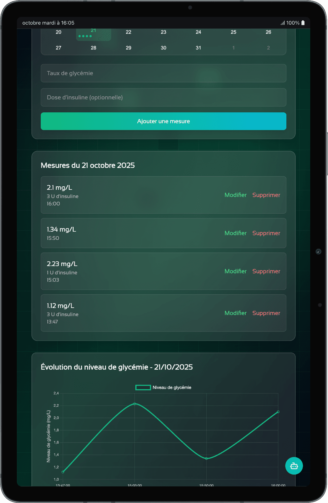 Interface GlycoWatch - Suivi glycémique pour diabète Type 1, Type 2 et gestationnel
